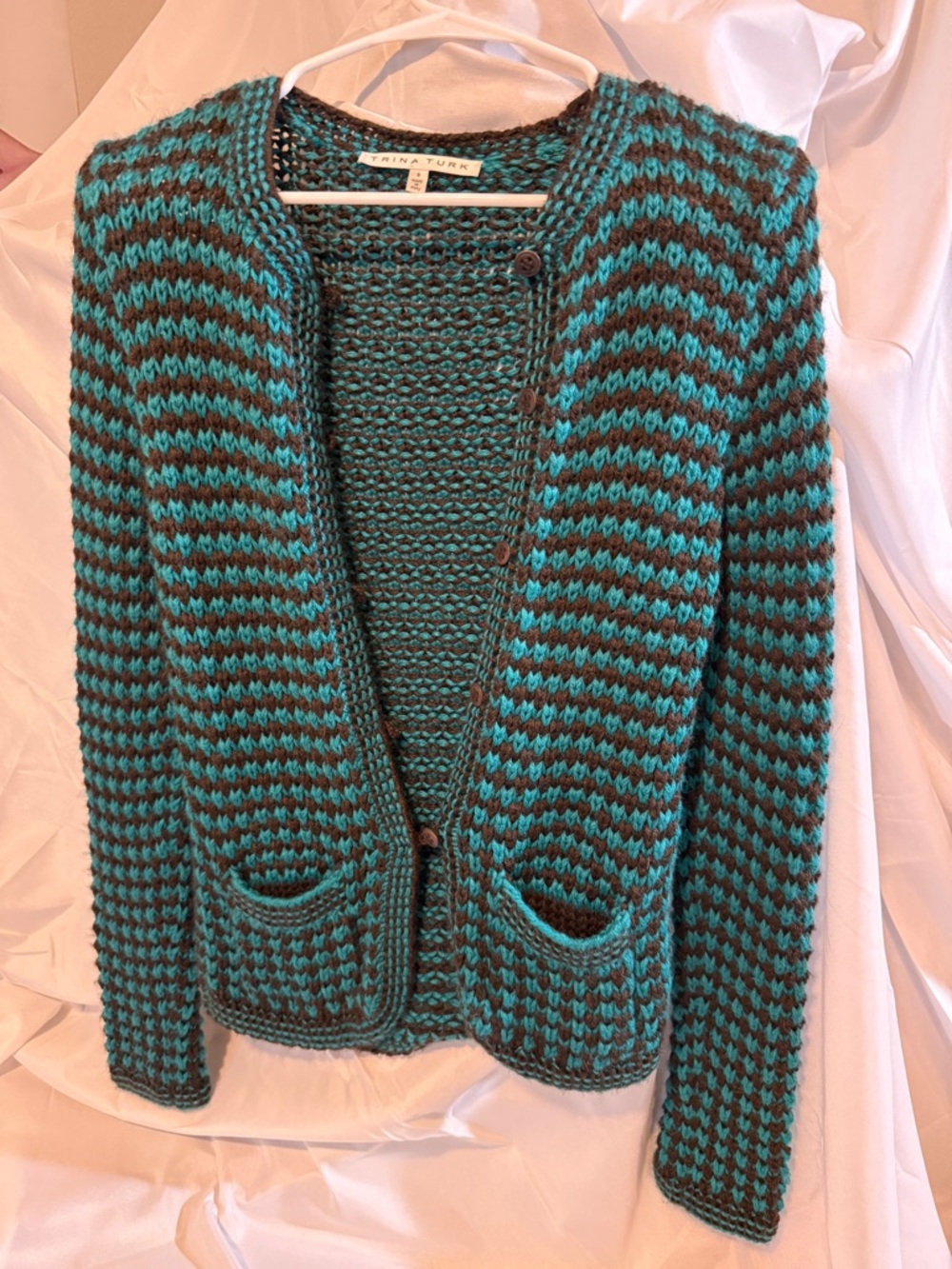 Trina Turk Teal and Brown Striped Knit Cardigan